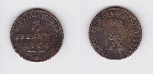 3 Pfennig Kupfer Münze Reuss-Schleiz Jüngere Linie 1864 A (150774)