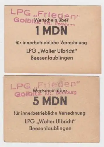 1 & 5 MDN Banknoten DDR LPG Geld Besenlaublingen "Walter Ulbricht" (146265)