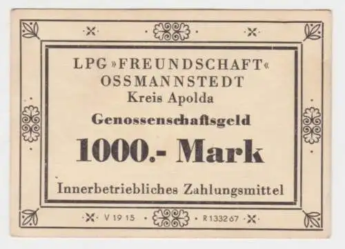 1000 Mark Banknoten DDR LPG "Freundschaft" Ossmannstadt Kr. Apolda 1967 (141913)