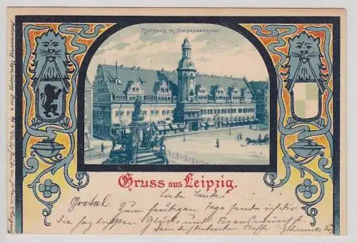 87117 Ak Gruss aus Leipzig - Rathaus mit Siegesdenkmal 1899