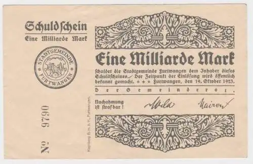 1 Milliarde Mark Banknote Gemeinderat Furtwangen 19.10.1923 (140191)