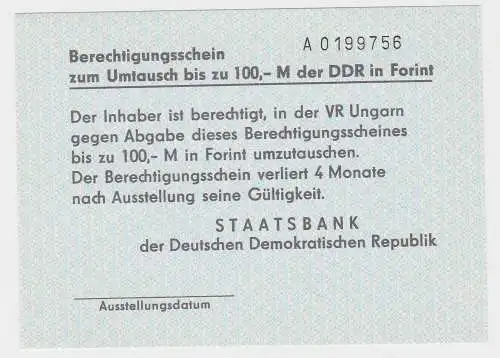 Berechtigungsschein zum Umtausch bis zu 100,-M der DDR in Forint  (132129)