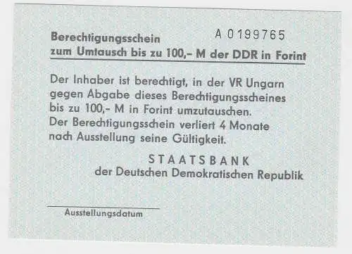 Berechtigungsschein zum Umtausch bis zu 100,-M der DDR in Forint  (131620)