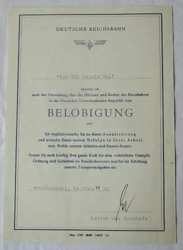 DDR Urkunde Belobigung Deutsche Reichsbahn Senftenberg 1989 (134048)