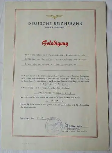 DDR Urkunde Belobigung Deutsche Reichsbahn Bahnhof Senftenberg 1980 (136323)