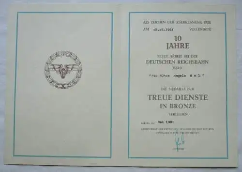 DDR Urkunde 10 Jahre Treue Dienste Bronze Deutsche Reichsbahn Berlin (131602)