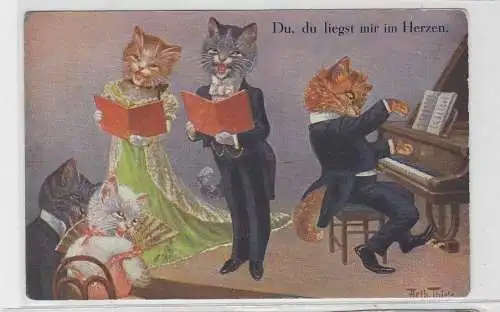 47094 Arthur Thiele Künstler Ak Katze "Du, du liegst mit im Herzen" um 1910