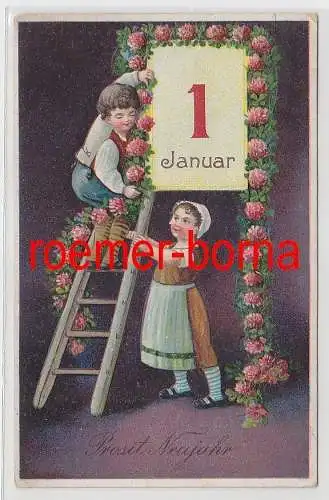24867 geprägte Ak Prosit Neujahr: Kinder befestigen Girlande am Kalender 1911