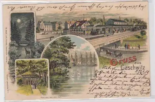 94964 Ak Lithographie Gruß aus Gaschwitz Bahnhof, Post usw. 1900