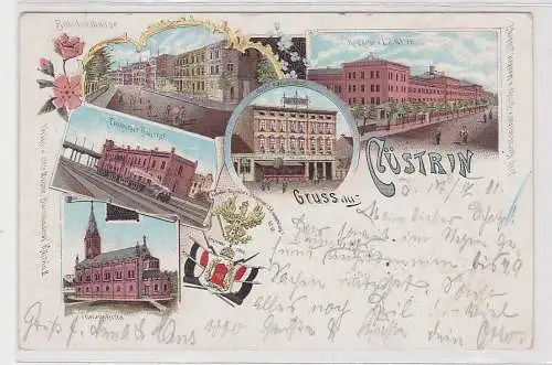 21649 Ak Lithographie Gruß aus Cüstrin Kaserne, Bahnhof, Hotel usw. 1901