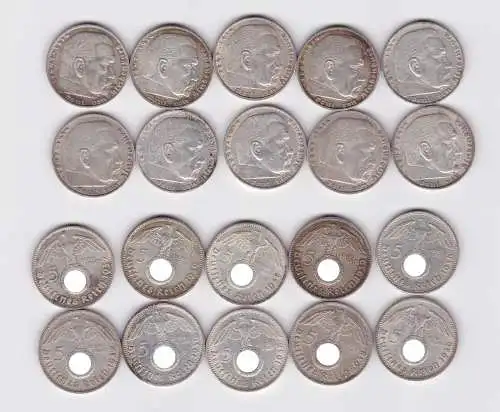 10 Silbermünzen 3. Reich 5 Mark Hindenburg Jäger 367 (113992)