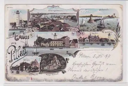 907689 Ak Lithographie Gruß aus Pillau Baltijsk Leuchtturm, Nordmole usw. 1897