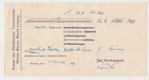 1,44 Reichsmark Quittung technische Werke Borna Rate auf Gaskocher 1936 (150712)