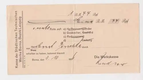 1,44 Reichsmark Quittung technische Werke Borna Rate auf Gaskocher 1936 (158569)