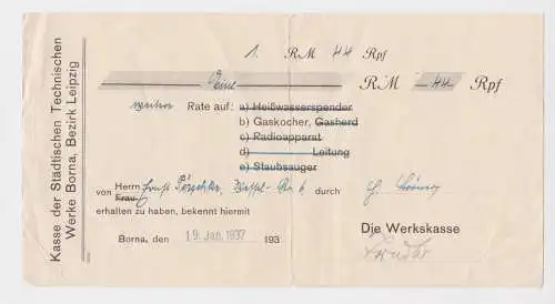 1,44 Reichsmark Quittung technische Werke Borna Rate auf Gaskocher 1937 (158093)