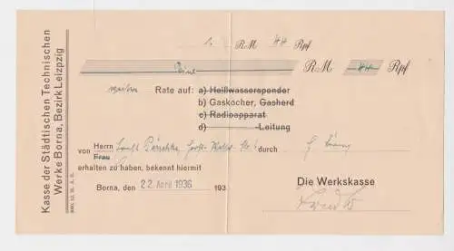 1,44 Reichsmark Quittung technische Werke Borna Rate auf Gaskocher 1936 (156953)