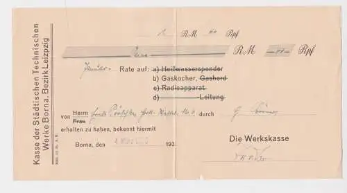 1,44 Reichsmark Quittung technische Werke Borna Rate auf Gaskocher 1936 (150026)