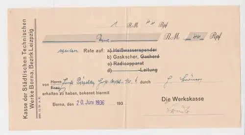 1,44 Reichsmark Quittung technische Werke Borna Rate auf Gaskocher 1936 (158567)