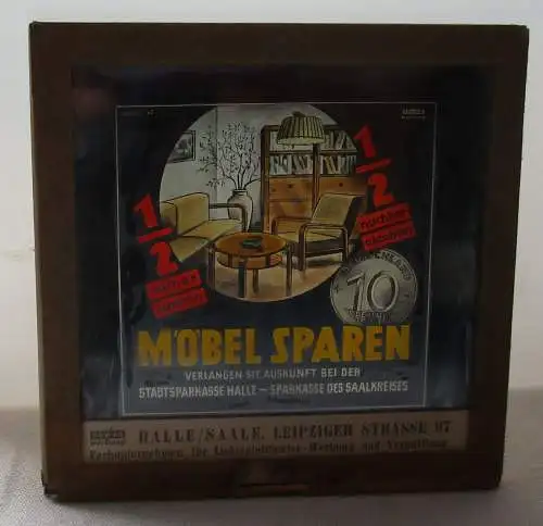 DEWAG Werbung Fotoplatte Möbel Sparen Sparkasse Saalekreis Halle um 1950 /119980