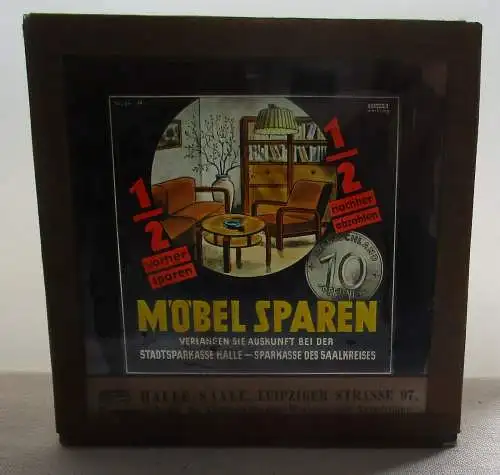 DEWAG Werbung Fotoplatte Möbel Sparen Sparkasse Saalekreis Halle um 1950 /110675