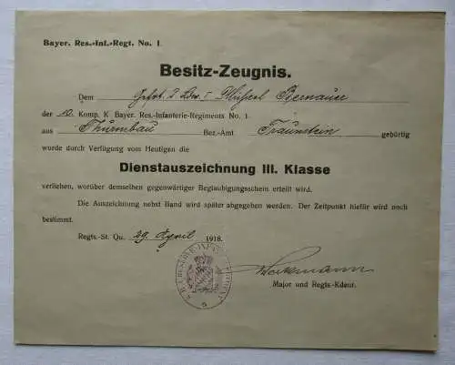 Urkunde Bayern Dienstauszeichnung III. Klasse 1918 Inf. Regt. Nr. 1 (163510)