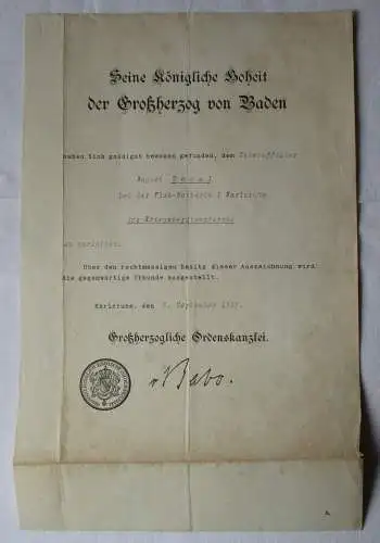 Urkunde Baden Kriegsverdienstkreuz 1917 Flak-Batterie 1 Karlsruhe (161995)
