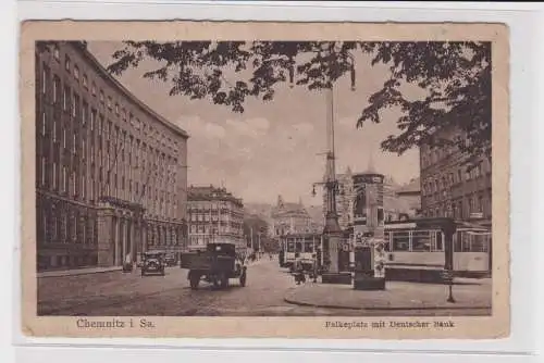906059 AK Chemnitz - Falkeplatz mit Deutscher Bank, Straßenansicht 1930