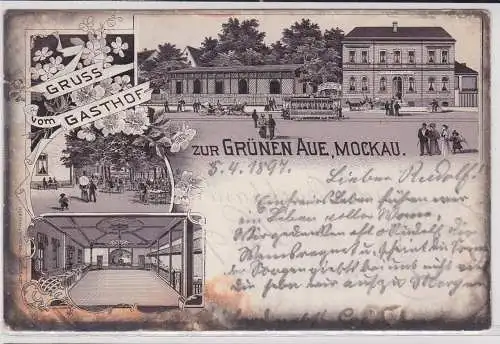 903216 Ak Lithographie Gruß vom Gasthof zur grünen Aue Mockau 1897