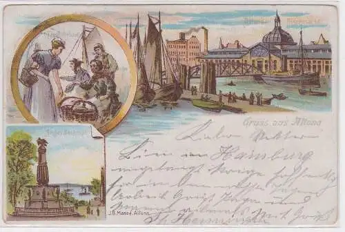 29508 Ak Lithographie Gruss aus Altona Fischmarkt, Siegesdenkmal usw. 1898