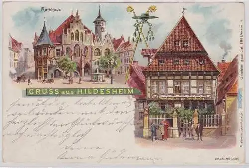 44382 Ak Lithographie Gruß aus Hildesheim Rathaus, Weinhandlung 1900