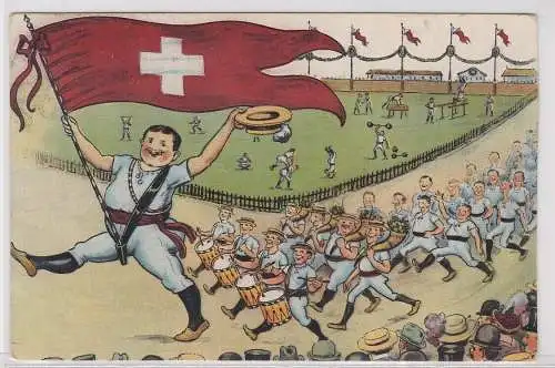 02999 Humor Ak Turnfest Schweiz Einmarsch mit Fahne um 1910
