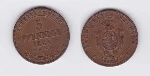 5 Pfennige Kupfer Münze Sachsen 1864 B (117300)