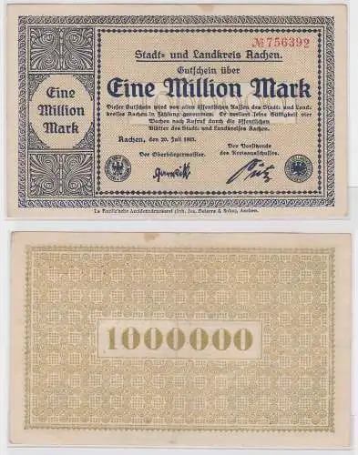 1 Million Mark Banknote Inflation Notgeld Stadt & Landkreis Aachen 1923 (153080)