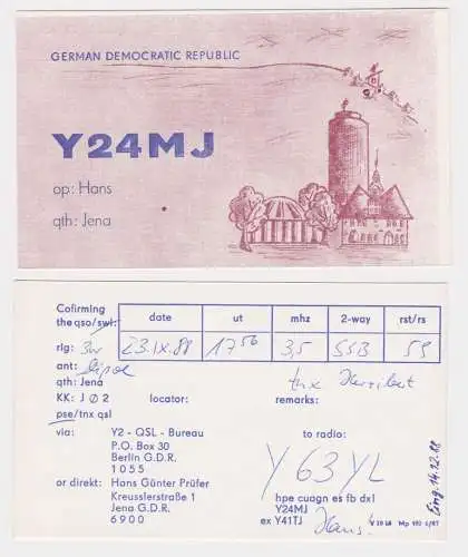 16700 QSL Karte Amateur Funker DDR Jena Fuchsturm 1988