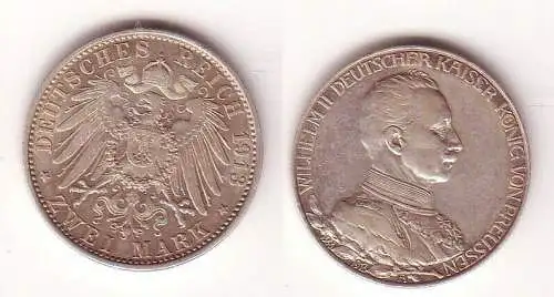 2 Mark Silber Münze Preussen Wilhelm II 1913 (MÜ4840)