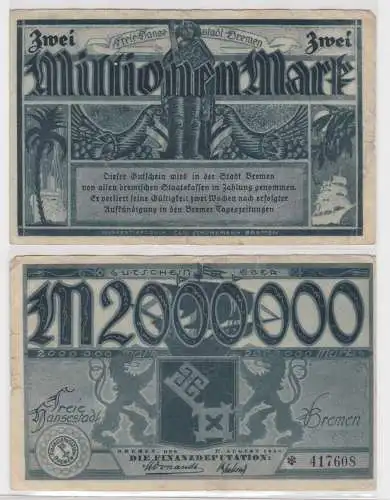 2 Millionen Mark Banknote Freie Hansestadt Bremen 17.08.1923 (139027)