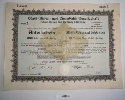 1 Pfund Aktie Otavi Minen-& Eisenbahn-Gesellschaft Berlin 12.9.1921 (131125)