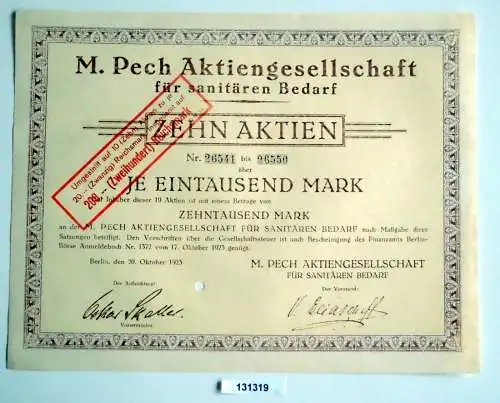 1000 Mark Zehn Aktien M.Pech AG für sanitären Bedarf Berlin 20.10.1923 (131319)