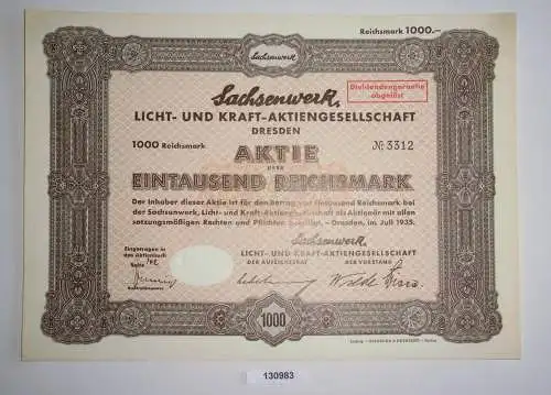 1000 Reichsmark Aktie Sachsenwerk Licht- und Kraft-AG Dresden Juli 1935 (130983)