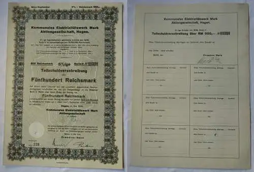 500 Mark Aktie kommunales Elektrizitätswerk Mark AG Hagen Mai 1939 (129073)