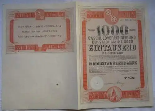1000 Reichsmark Aktie Schuldverschreibung der Stadt Mainz 01.10.1928 (120979)