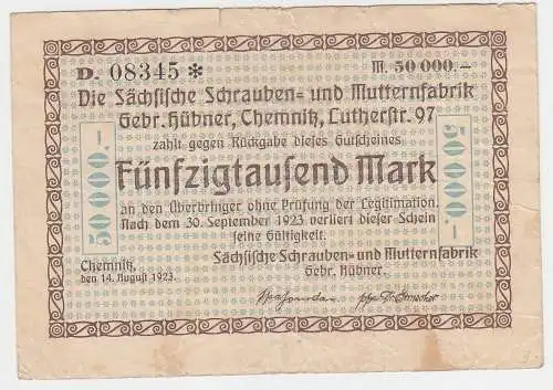50000 Mark 1923 Banknote sächs.Schraubenfabrik Hübner Chemnitz  (103533)