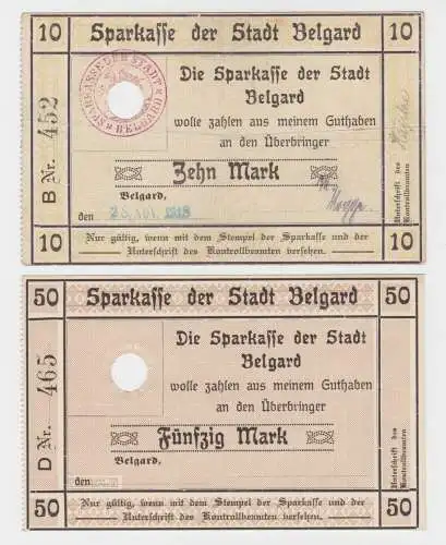 10 & 50 Mark Banknoten Sparkasse der Stadt Belgard 28.11.1918 (134891)