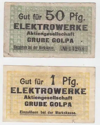 1 & 50 Pfennig Banknoten Notgeld Elektrowerke Grube Golpa um 1920 (105352)
