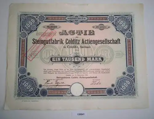 1000 Mark Aktie Steingutfabrik Colditz AG 14. September 1922 (130841)