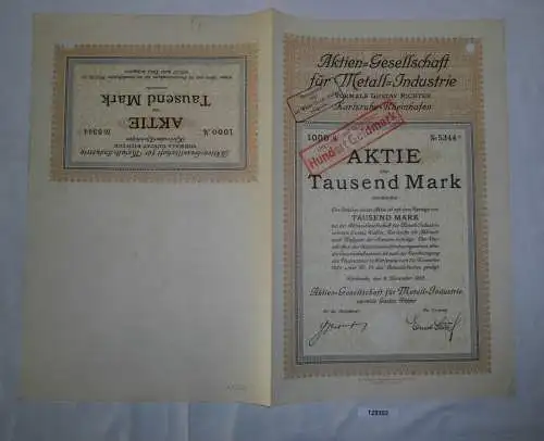 1000 Mark Aktie AG für Metall-Industrie Karlsruhe-Rheinhafen 11.11.1922 (129353)