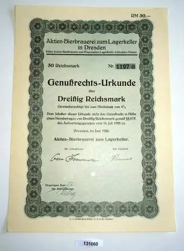 30 RM Genußrechts-Urkunde Aktien-Bierbrauerei zum Lagerkeller Dresden (131060)