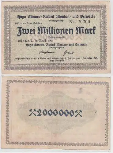 2 Millionen Mark Banknote Halle Hugo Stinnes Riebeck Montan 1923 (110782)