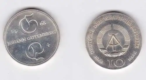 DDR Gedenk Silber Münze 10 Mark Johann Gutenberg 1968 Stempelglanz (128358)