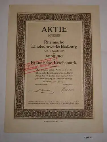 1000 RM Aktie Rheinische Linoleumwerke Bedburg AG 1. Juli 1920 (126910)